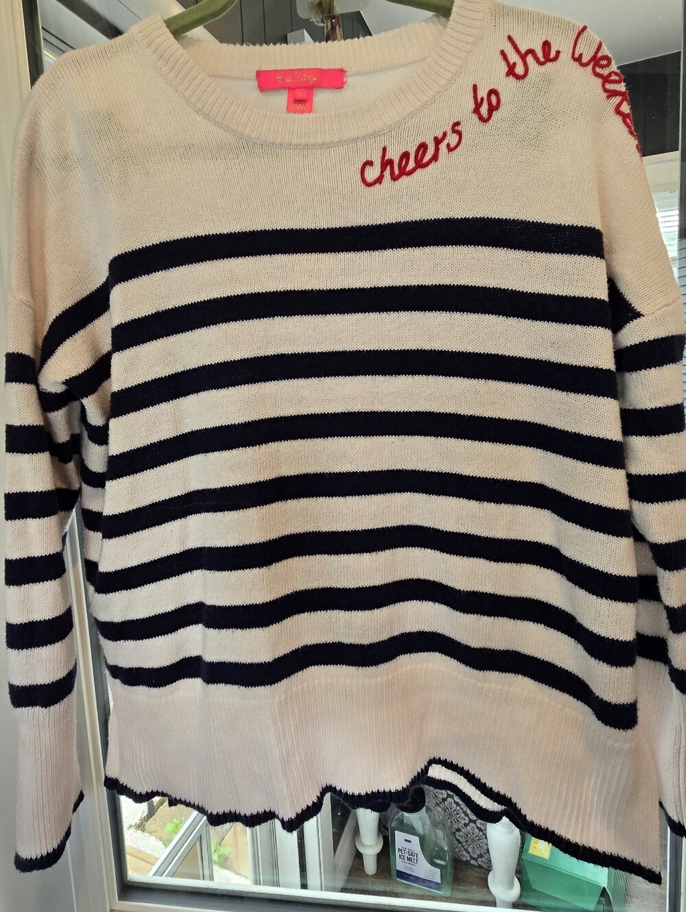 Lilly Pulitzer Quince striped crewneck sweater "Cheers to the Weekend"Cream Navy